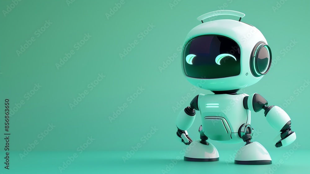 A small robot with a white head and body, with glowing eyes, stands on a green background. A small robot with a white head and body, with glowing eyes, stands on a green background.