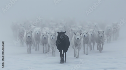 Black sheep leading a group of white wolves through a dense fog, showcasing leadership and divergence, Black sheep, White wolves, Leadership and divergence