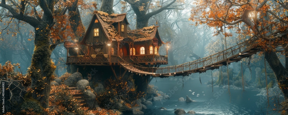 Fototapeta premium Artistic treehouse with a suspension bridge.