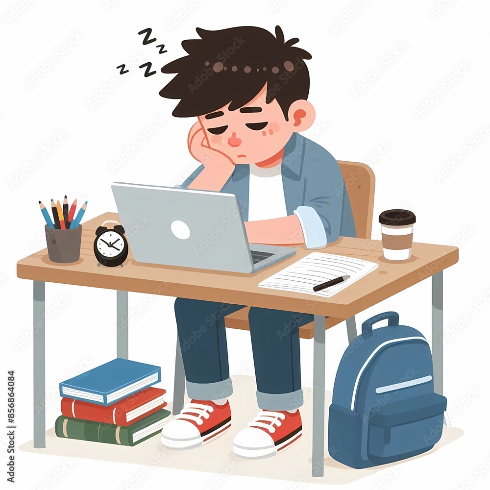 Tired boy studying with laptop on white background Tired boy studying with laptop on white background