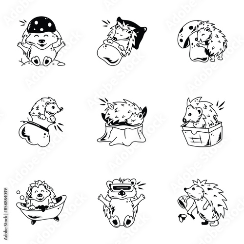 Bundle of Cute Quill Pigs Doodle Icons 

