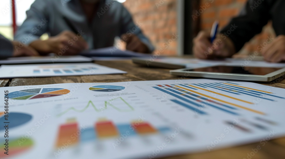 Advertisers analyzing market trends with charts and graphs on a large table, intense discussion, bottom third copy space Advertisers analyzing market trends with charts and graphs on a large table, intense discussion, bottom third copy space