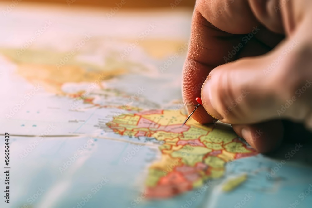 Travel planing Man pins a new destination on a world map, for his next trip Travel planing Man pins a new destination on a world map, for his next trip