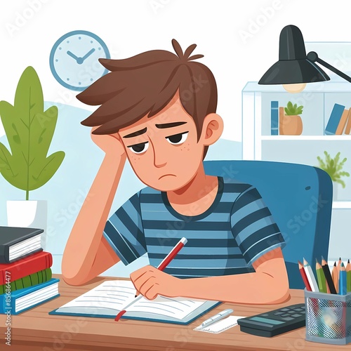 Tired student writting homework in notebook at home. Difficulty studying