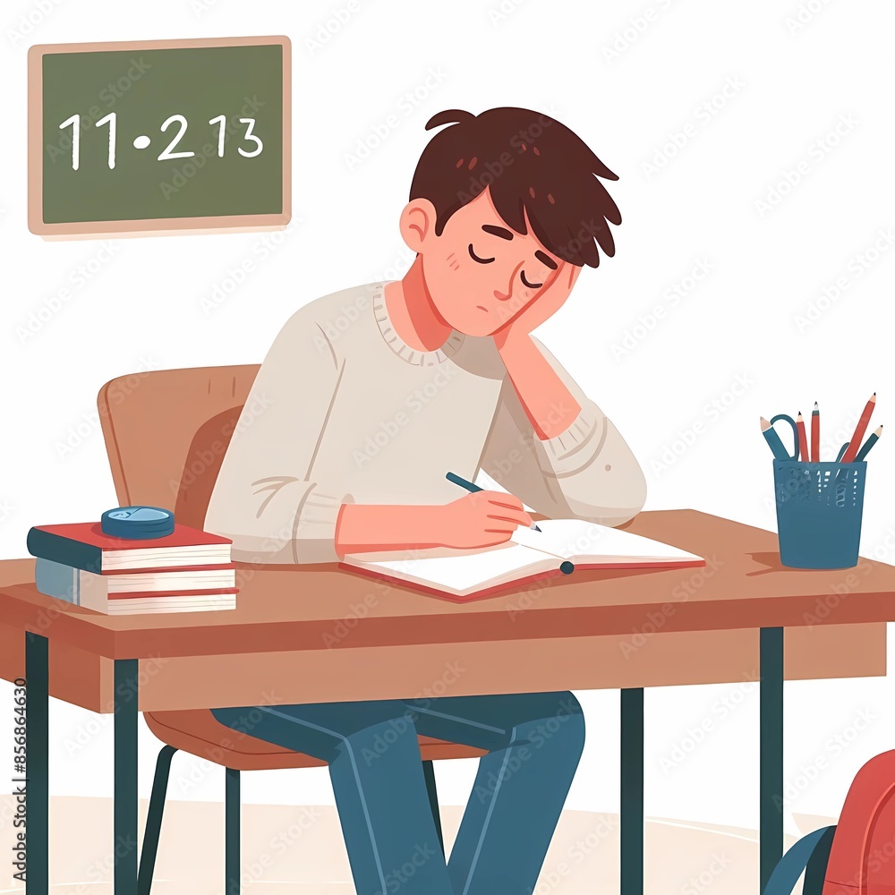 Sleeppy tired student studying in classroom at school Sleeppy tired student studying in classroom at school