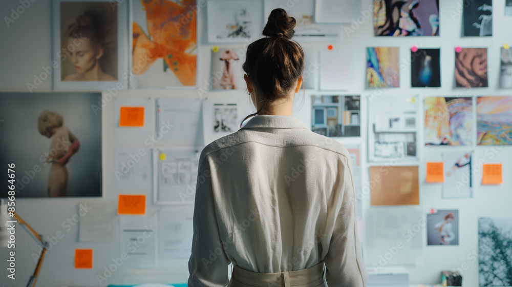 Advertisers strategizing a brand’s vision with mood boards and samples, focused collaboration, bottom third copy space Advertisers strategizing a brand’s vision with mood boards and samples, focused collaboration, bottom third copy space