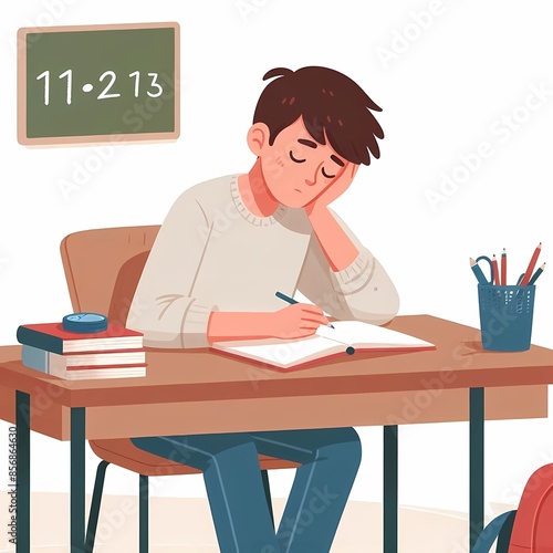Sleeppy tired student studying in classroom at school