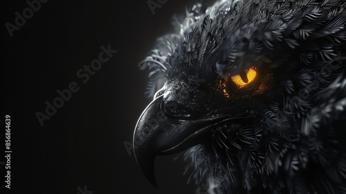 Close-up of a black bird with glowing orange eyes. photo