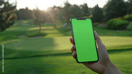 Golfer holding smartphone mockup with green screen on golf course.