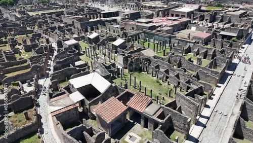 aerial view of Historic streets of Ancient roman city of Pompeii Italy on the shadow of Mt Vesuvius