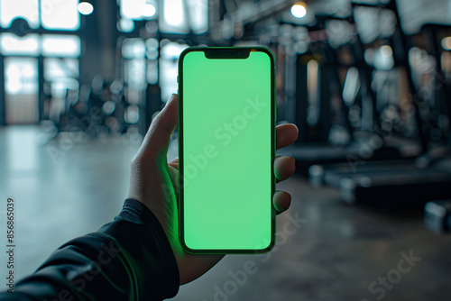 Person holding smartphone mockup with green screen at gym.