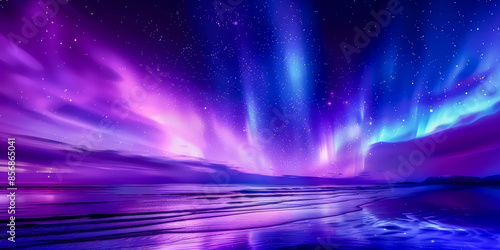 Blue and purple northern lights over an ocean poster
