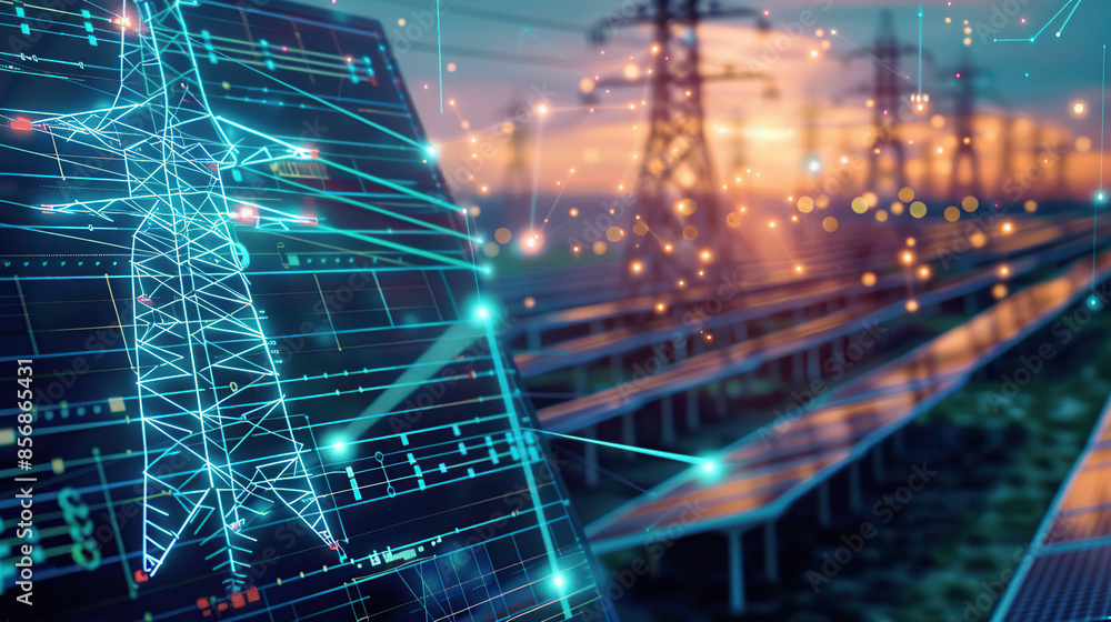 The digital computer display showed a grid of blue digital lines and green icons on it. In the background was an electric power station surrounded by solar panels The digital computer display showed a grid of blue digital lines and green icons on it. In the background was an electric power station surrounded by solar panels