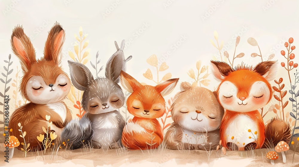 Peaceful cartoon scene of bunnies and foxes surrounded by nature elements Peaceful cartoon scene of bunnies and foxes surrounded by nature elements