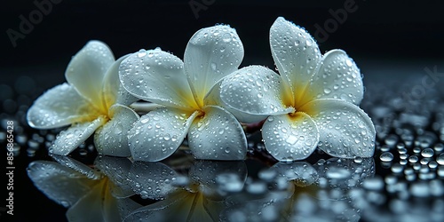 Raindrop-Kissed White Plumerias on Reflective Surface with Dark Background photo