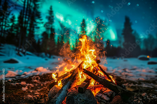 Camp fire in wilderness forest at night, northern lights over bonfire in winter forest background