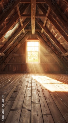 Sunlit wooden attic with dust particles in the air