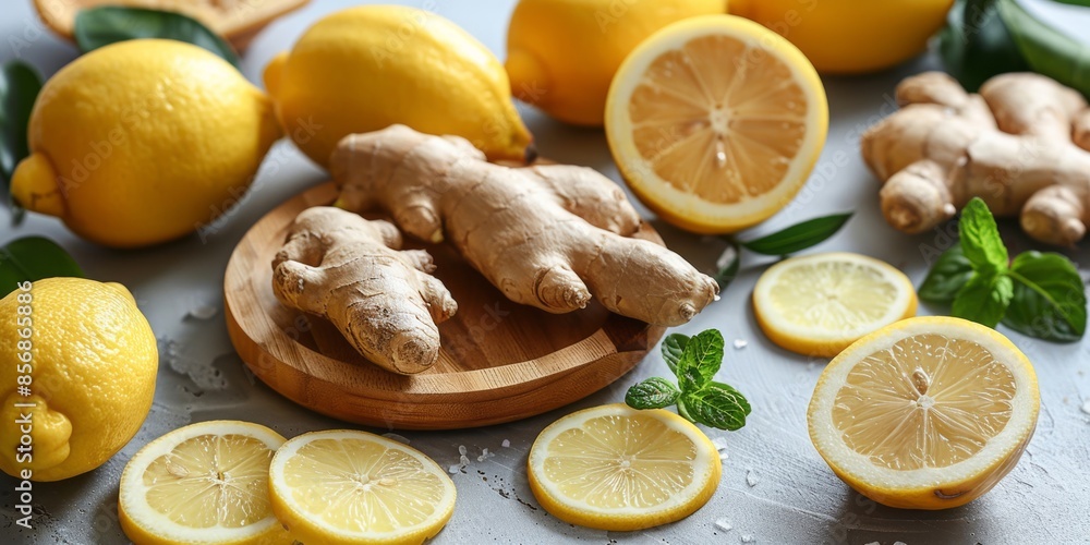 Fresh Lemons and Ginger on a Wooden Board with Mint Leaves Fresh Lemons and Ginger on a Wooden Board with Mint Leaves