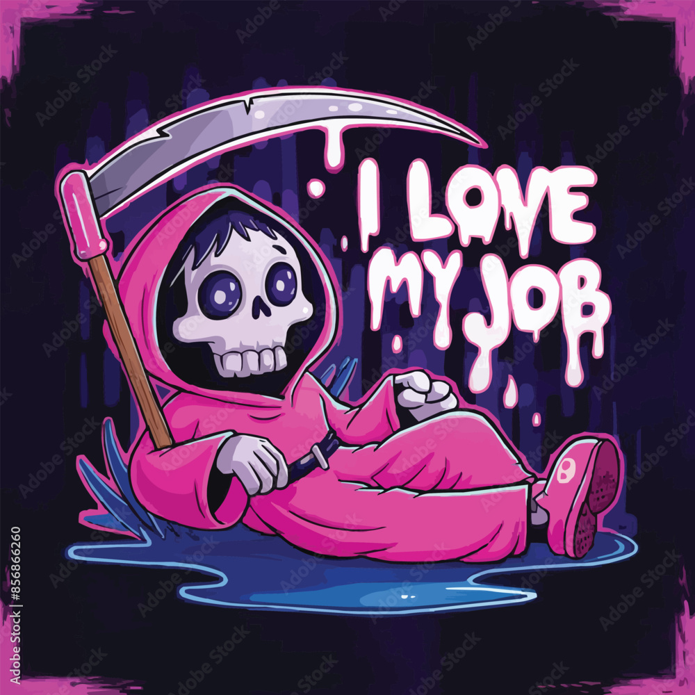 Obraz premium A whimsical and colorful illustration of a cartoon grim reaper with a cutely designed skull, wearing a bright pink robe, and holding ascythe. The scythe itself has a neon pink glow.