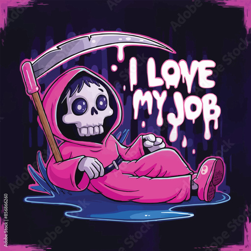A whimsical and colorful illustration of a cartoon grim reaper with a cutely designed skull, wearing a bright pink robe, and holding ascythe. The scythe itself has a neon pink glow.