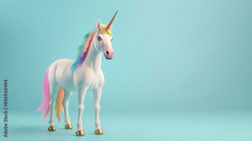 A white unicorn with a rainbow mane and tail stands on a blue background. A white unicorn with a rainbow mane and tail stands on a blue background.