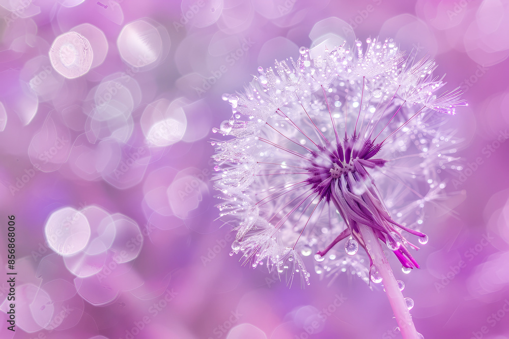 Close-up of a dandelion with water droplets on a purple bokeh background Close-up of a dandelion with water droplets on a purple bokeh background