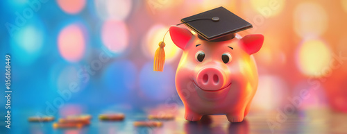 Frontal view piggy bank wearing a graduation cap, realistic rendering, soft focus blur background, money-saving concept, vibrant colors, photorealistic digital art style photo