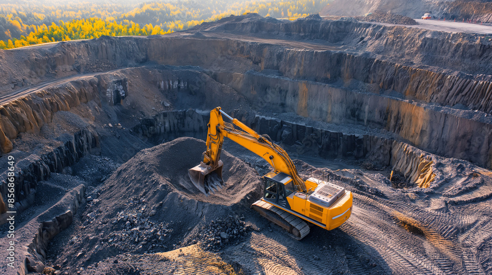 Aerial view of excavators operating in open-pit quarry removing rocks at sunrise Aerial view of excavators operating in open-pit quarry removing rocks at sunrise