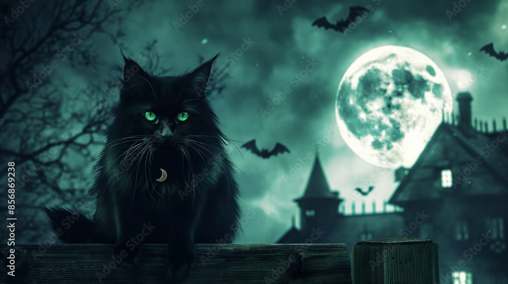 Black cat with glowing green eyes sitting on a fence under a full moon with bats flying in the background, spooky Halloween night Black cat with glowing green eyes sitting on a fence under a full moon with bats flying in the background, spooky Halloween night