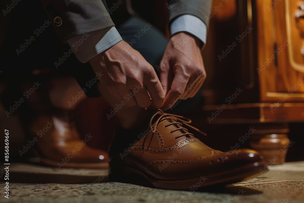 Business man dressing up with classic, elegant shoe Close up of male's hands tying shoelace on shoes and preparing to go out. Business man dressing up with classic, elegant shoe Close up of male's hands tying shoelace on shoes and preparing to go out.