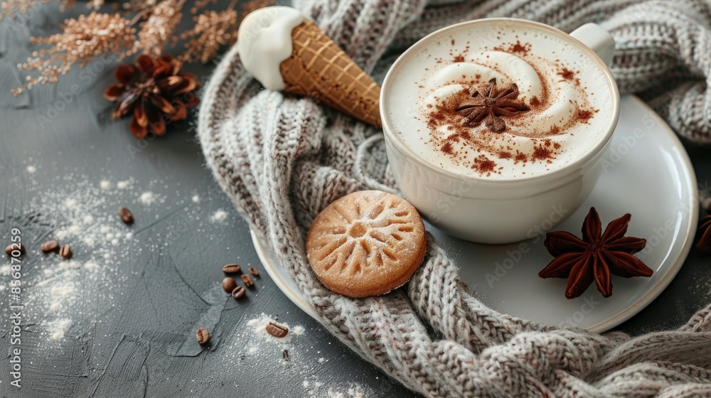 Latte cones cookies scarf on grey background Latte cones cookies scarf on grey background