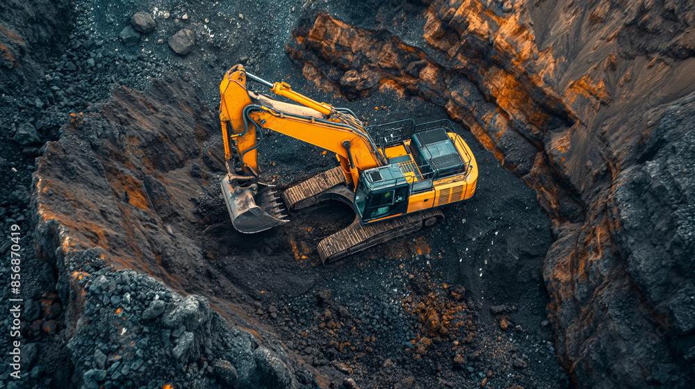 Aerial view of excavators operating in open-pit quarry removing rocks at sunrise Aerial view of excavators operating in open-pit quarry removing rocks at sunrise
