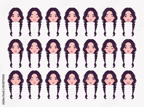 Black long pigtail braids, dark beauty pale girl, female emotion set, young bundle portrait, person head. Different face icons, positive, negative facial expression feature pic. Vector illustration