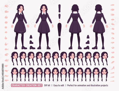 All black outfit pale girl, goth long sleeved dress DIY character creation set. Female body figure part, formal suit. Head, leg, hand gesture, different emotions, construction kit. Vector illustration