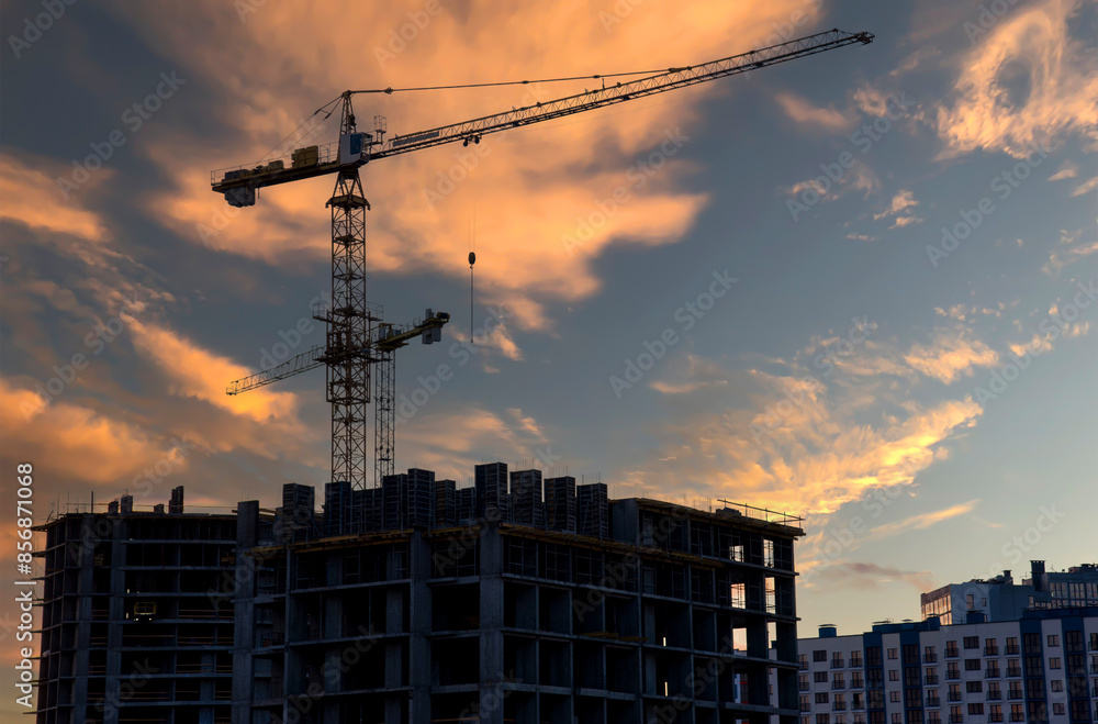Tower cranes in action during construction residential building on blue sky background. Builder workers during formwork and pouring concrete. Crane lifting a concrete bucket and blocks Tower cranes in action during construction residential building on blue sky background. Builder workers during formwork and pouring concrete. Crane lifting a concrete bucket and blocks