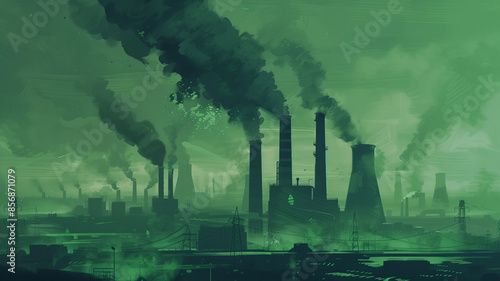 Greenwashing concept image. An industrial zone with green color tones