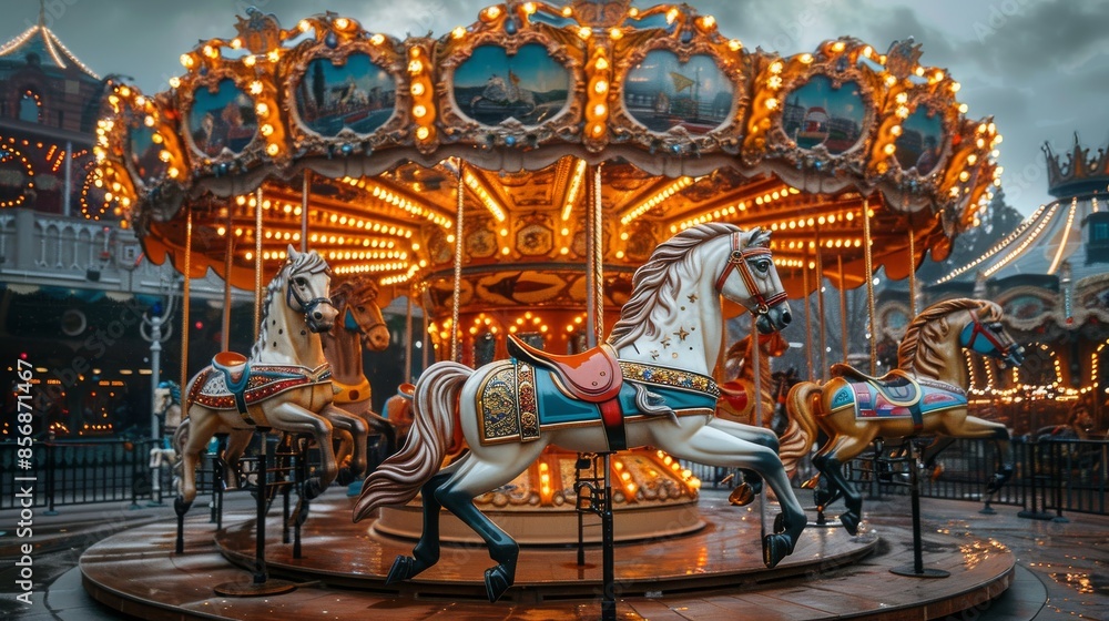 Vibrant carousel in motion, captured on an overcast day with a dramatic sky Vibrant carousel in motion, captured on an overcast day with a dramatic sky