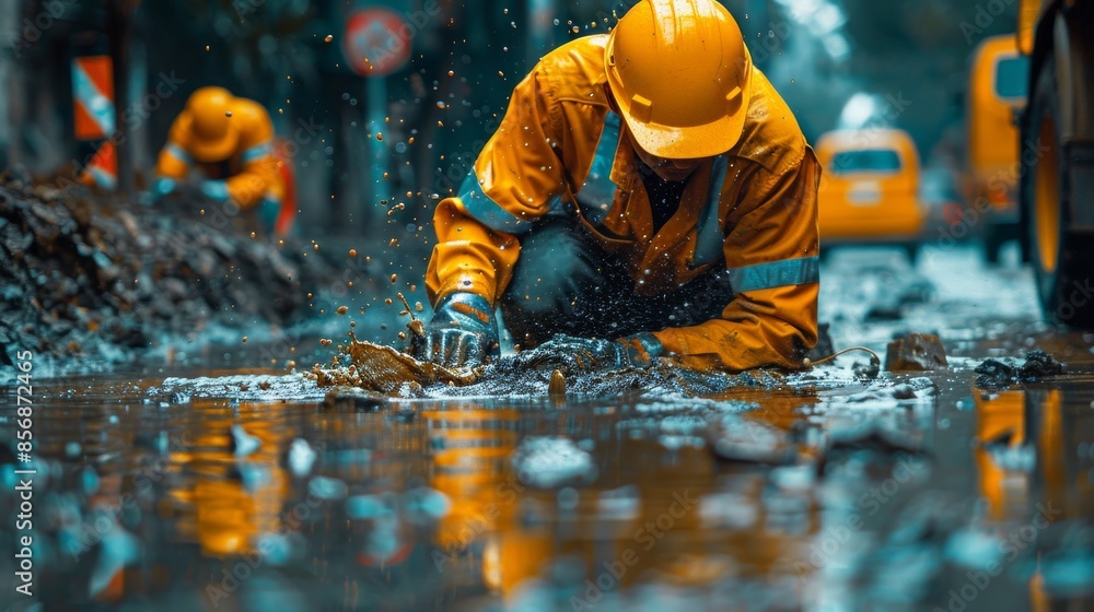 Detailed view of a worker in a yellow protective suit and helmet, focused on a task in a puddle of water Detailed view of a worker in a yellow protective suit and helmet, focused on a task in a puddle of water