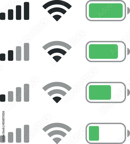 Set wifi icon isolated on white background for iphone. Phone bar status Icons for ios ui, battery drain in green, wifi signal strength. Vector for mobile phone. Vector illustration