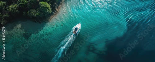 Aerial view of a boat sailing in crystal clear tropical waters near the coastline with lush green forest. Perfect scene for travel and adventure.