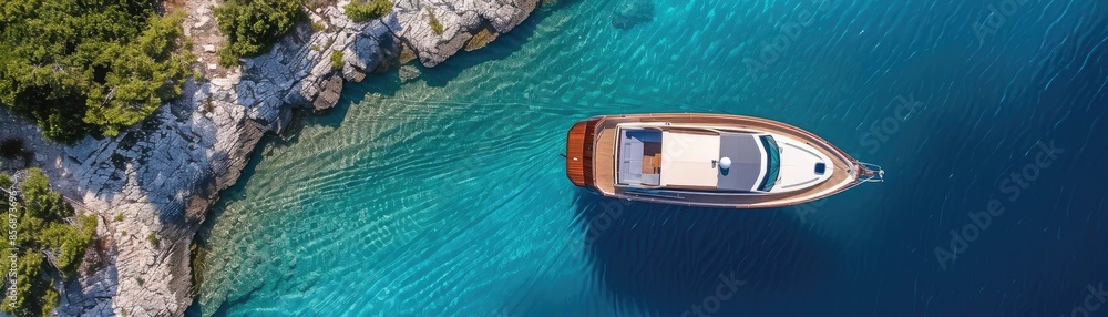 Aerial view of a luxury yacht cruising in clear blue waters near a rocky coastline, surrounded by lush greenery.