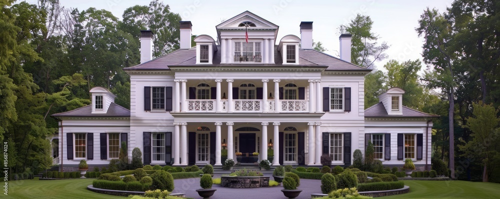 Fototapeta premium Colonial-style home with symmetrical design.