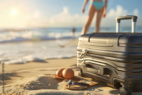 Traveler's luggage and beach accessories on sandy shore with sea waves and a person in the background, representing a summer vacation scene.