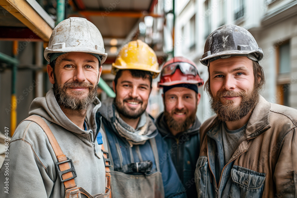 Four men wearing hard hats and safety gear are smiling for the camera Four men wearing hard hats and safety gear are smiling for the camera