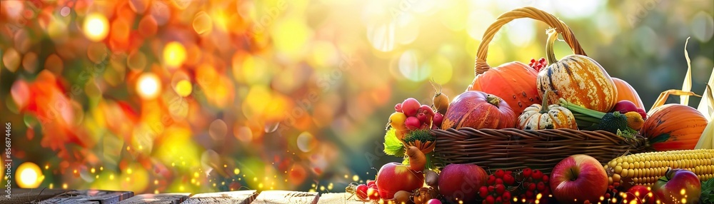 Autumn harvest scene with a wicker basket filled with pumpkins, gourds, and apples against a warm, bokeh background outdoors. Autumn harvest scene with a wicker basket filled with pumpkins, gourds, and apples against a warm, bokeh background outdoors.