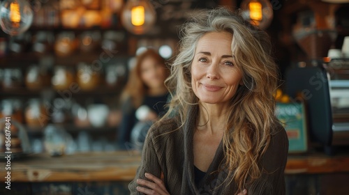Wallpaper Mural A serene mature woman with gentle smile poses in a cozy cafe ambiance Torontodigital.ca