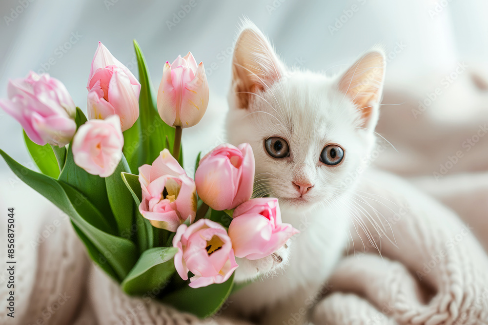 Adorable white kitten gives a bouquet of fresh pink tulip flowers Adorable white kitten gives a bouquet of fresh pink tulip flowers