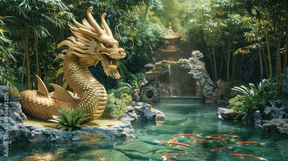 Obraz premium A gold dragon statue is in front of a pond with a waterfall. The dragon is surrounded by plants and rocks, and there are several fish swimming in the water. The scene is serene and peaceful
