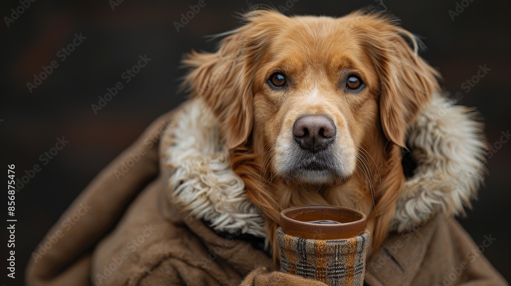 A cute dog with soulful eyes holds a cup of tea while dressed in autumn-inspired clothing A cute dog with soulful eyes holds a cup of tea while dressed in autumn-inspired clothing