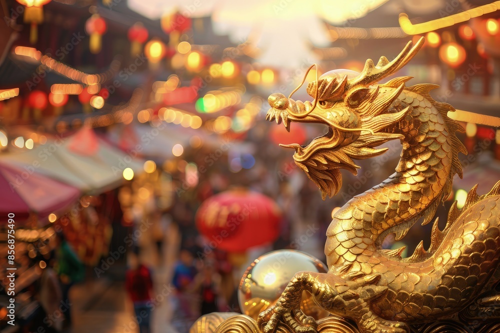 A gold dragon statue is displayed in front of a crowd of people. The dragon is surrounded by a variety of colorful lanterns, creating a festive and lively atmosphere A gold dragon statue is displayed in front of a crowd of people. The dragon is surrounded by a variety of colorful lanterns, creating a festive and lively atmosphere